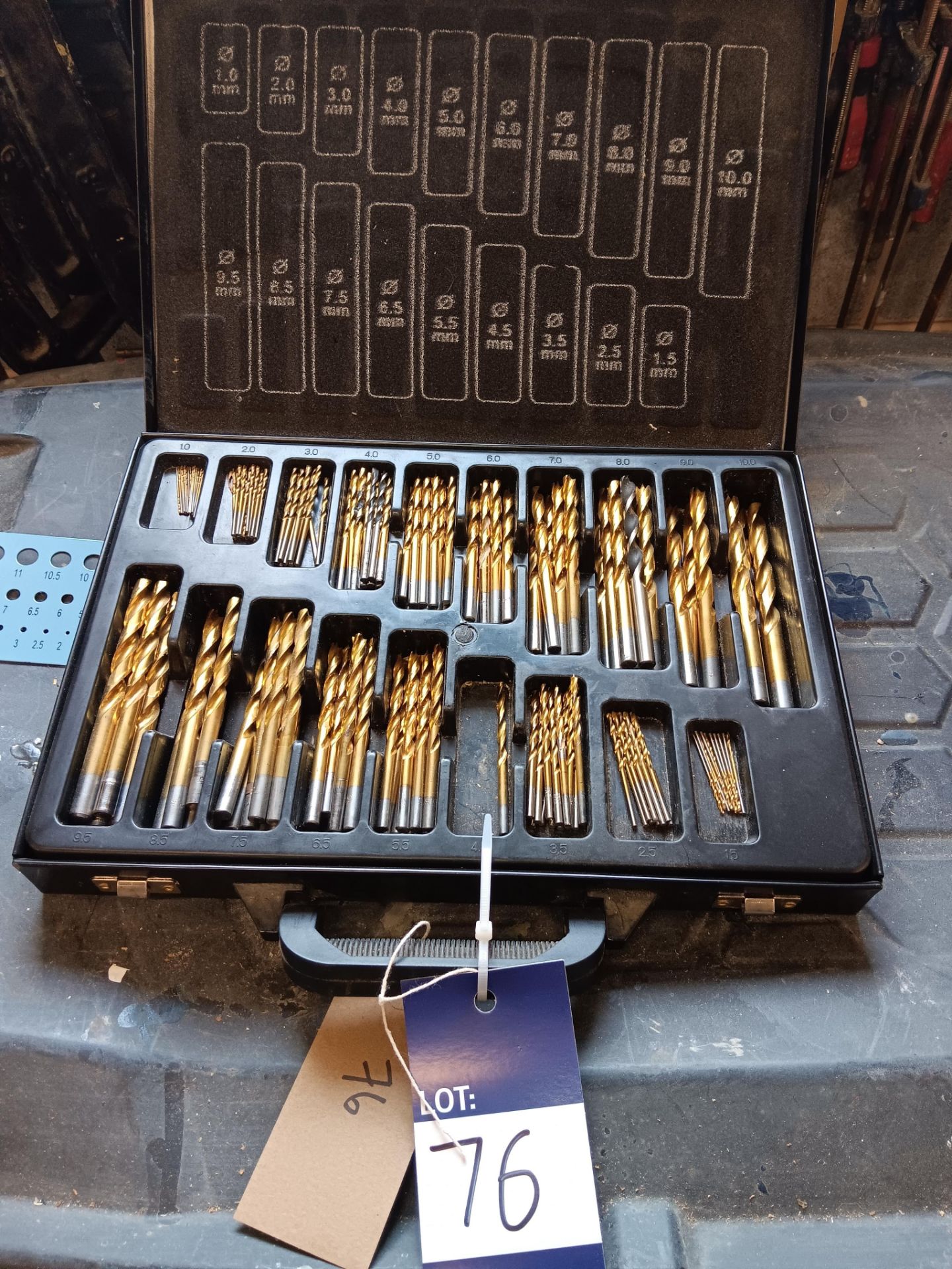 Box of wood drill bits sizes 9.5mm - 1.0mm