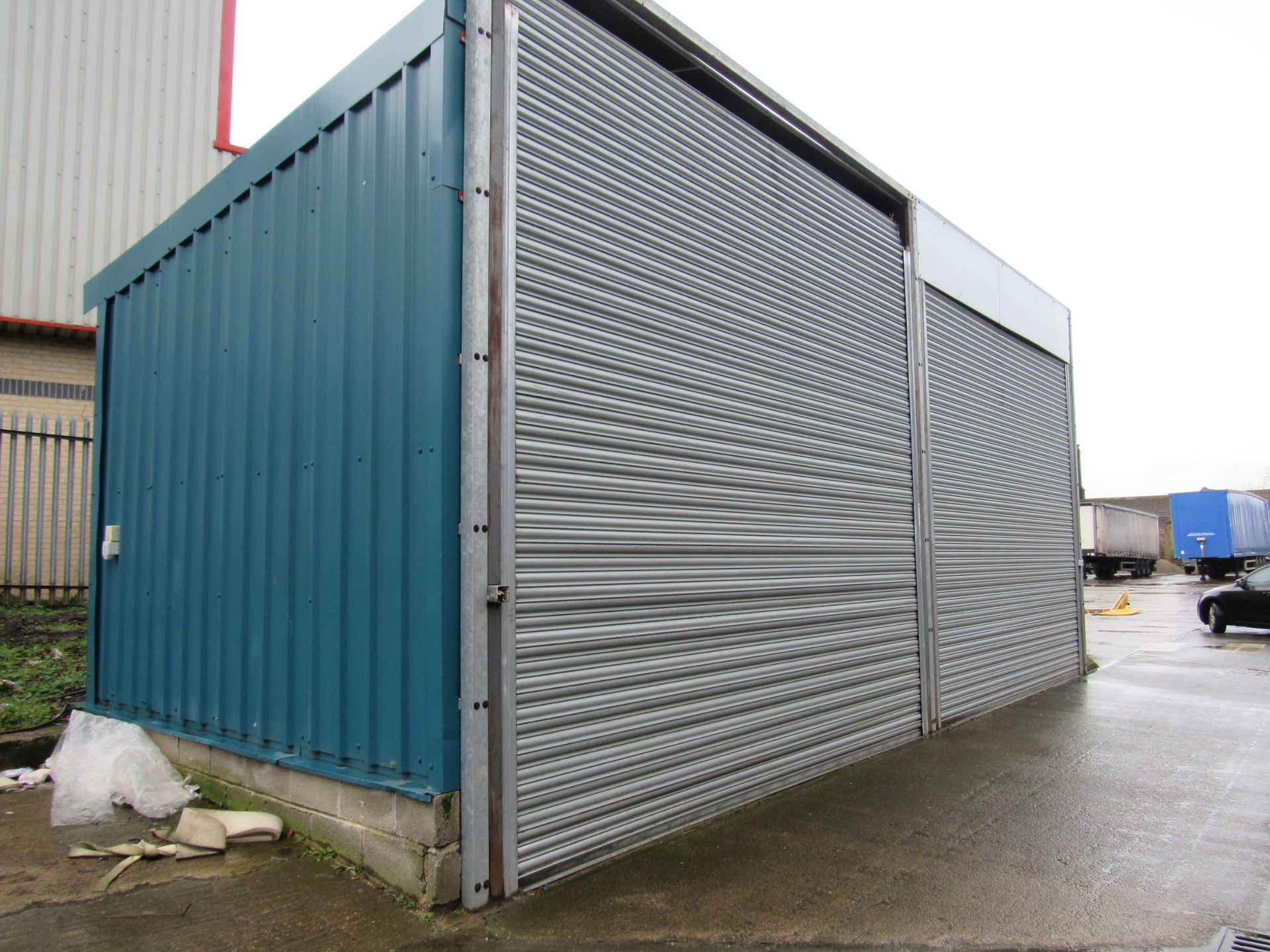 Steel Portal frame store/building with 2 roller shutter doors, electrical control panel, wall and - Image 4 of 16