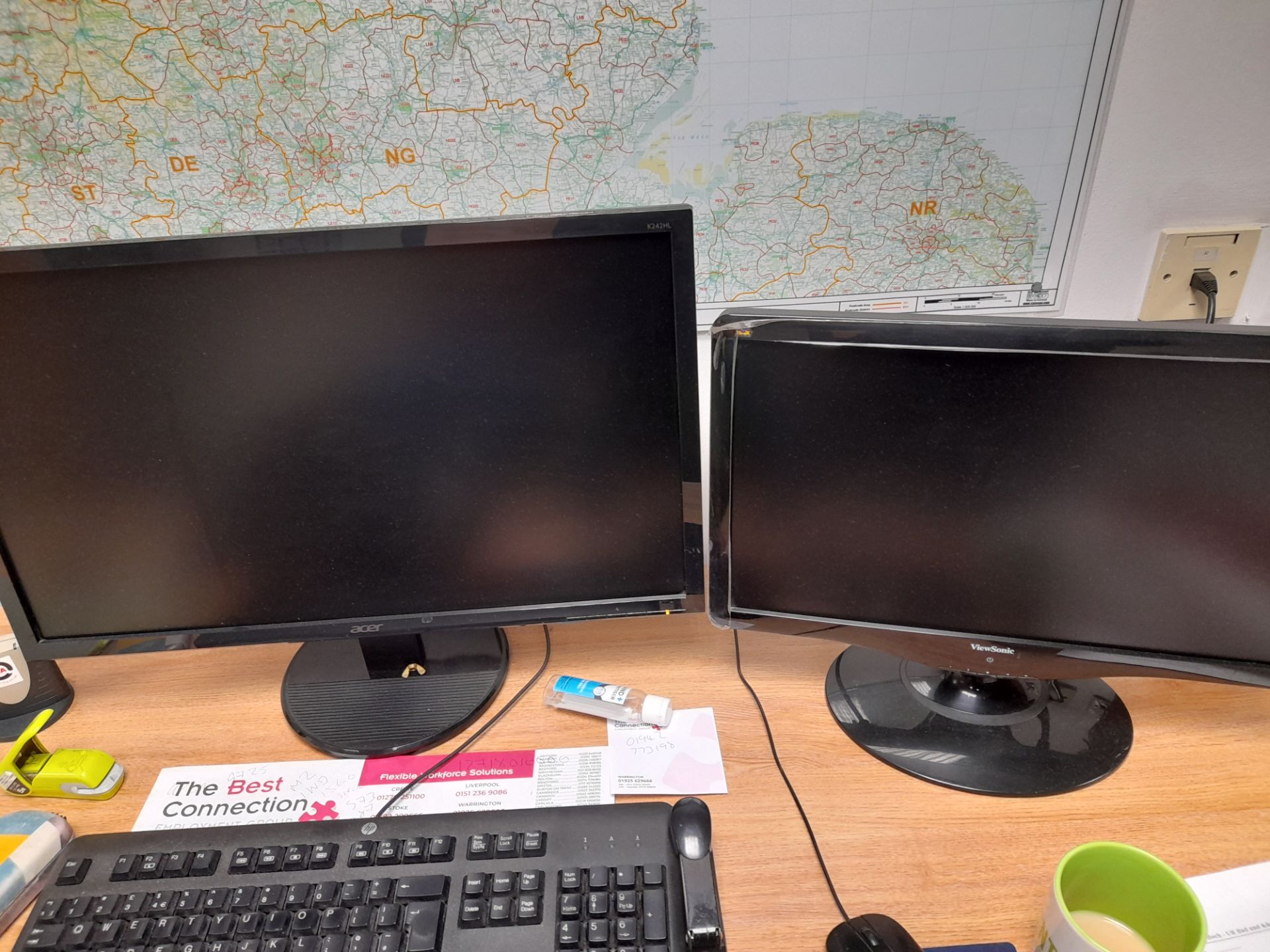 Acer monitor, ViewSonic monitor, and HP LaserJet P