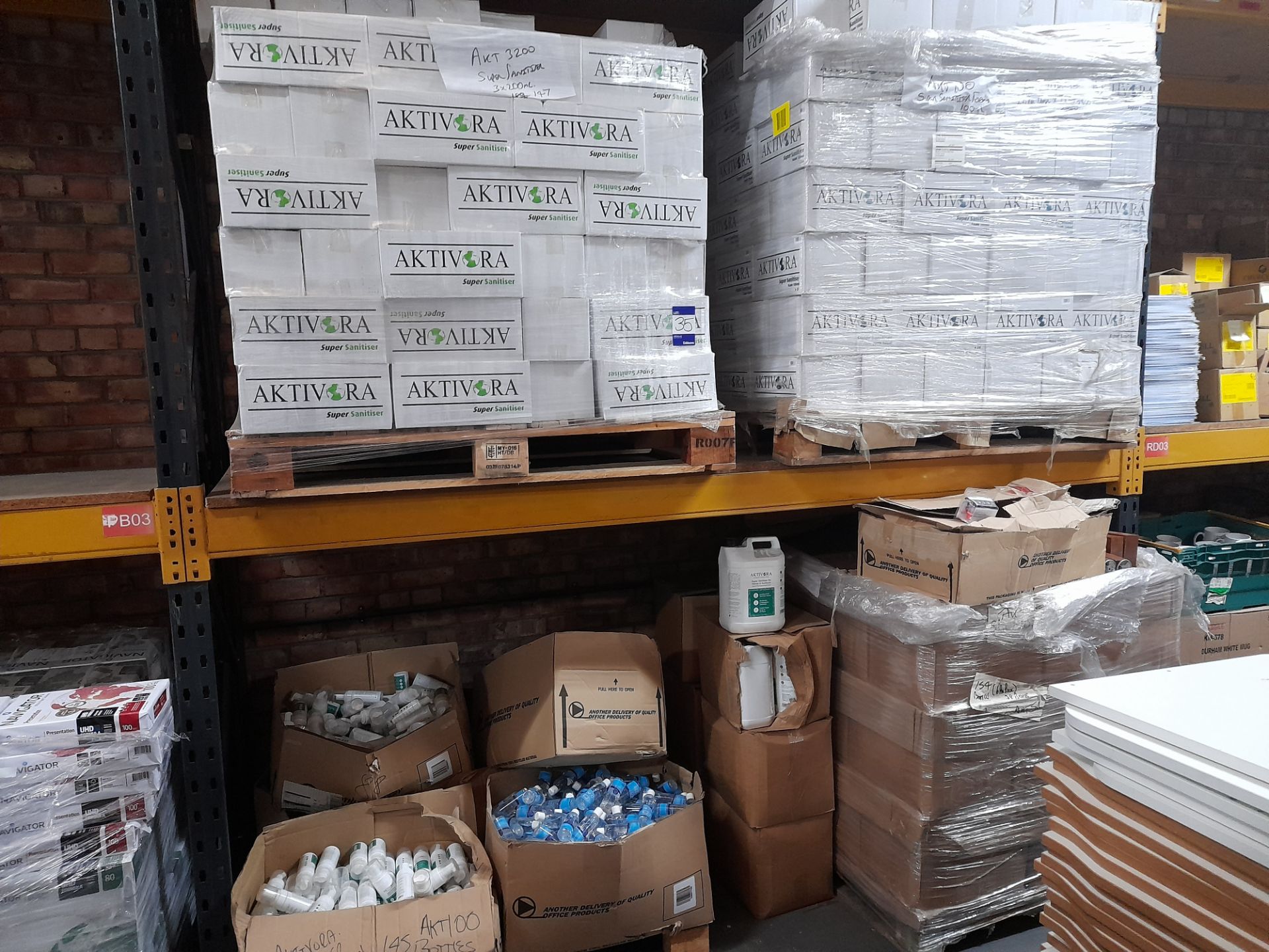 Contents of shelves as lotted to include 2 x pallets of Aldivera hand sanitiser foam each pallet