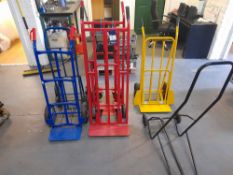 Lot comprising 5 x Various sack trucks and lifting frame for chairs. Viewing strongly