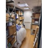 Room with contents to include print cartridges, cleaning products, shelving as lotted per photos