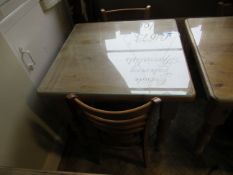 Square Pine Farmhouse Table 85 x 85cm with protective glass cover and 2 ladderback chairs.