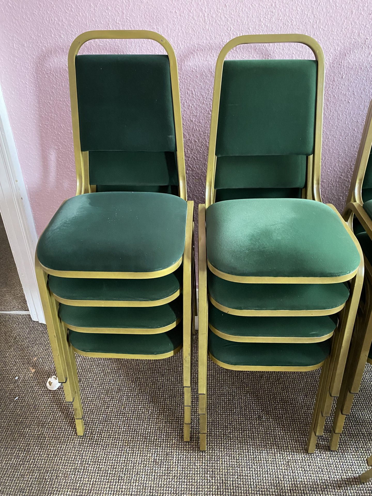 10x Gold Framed Green Upholstered Banqueting Chairs