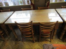 Rectangular Pine Farmhouse Table 150 x 85cm with protective glass cover and 4 ladderback chairs.