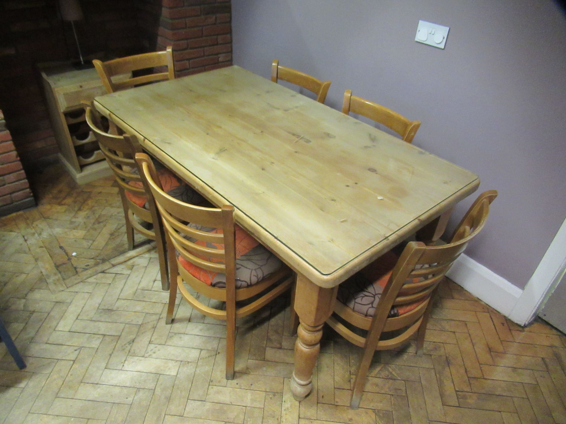 Rectangular Pine Farmhouse Table 150 x 85cm with protective glass cover and 6 ladderback chairs. - Image 2 of 3