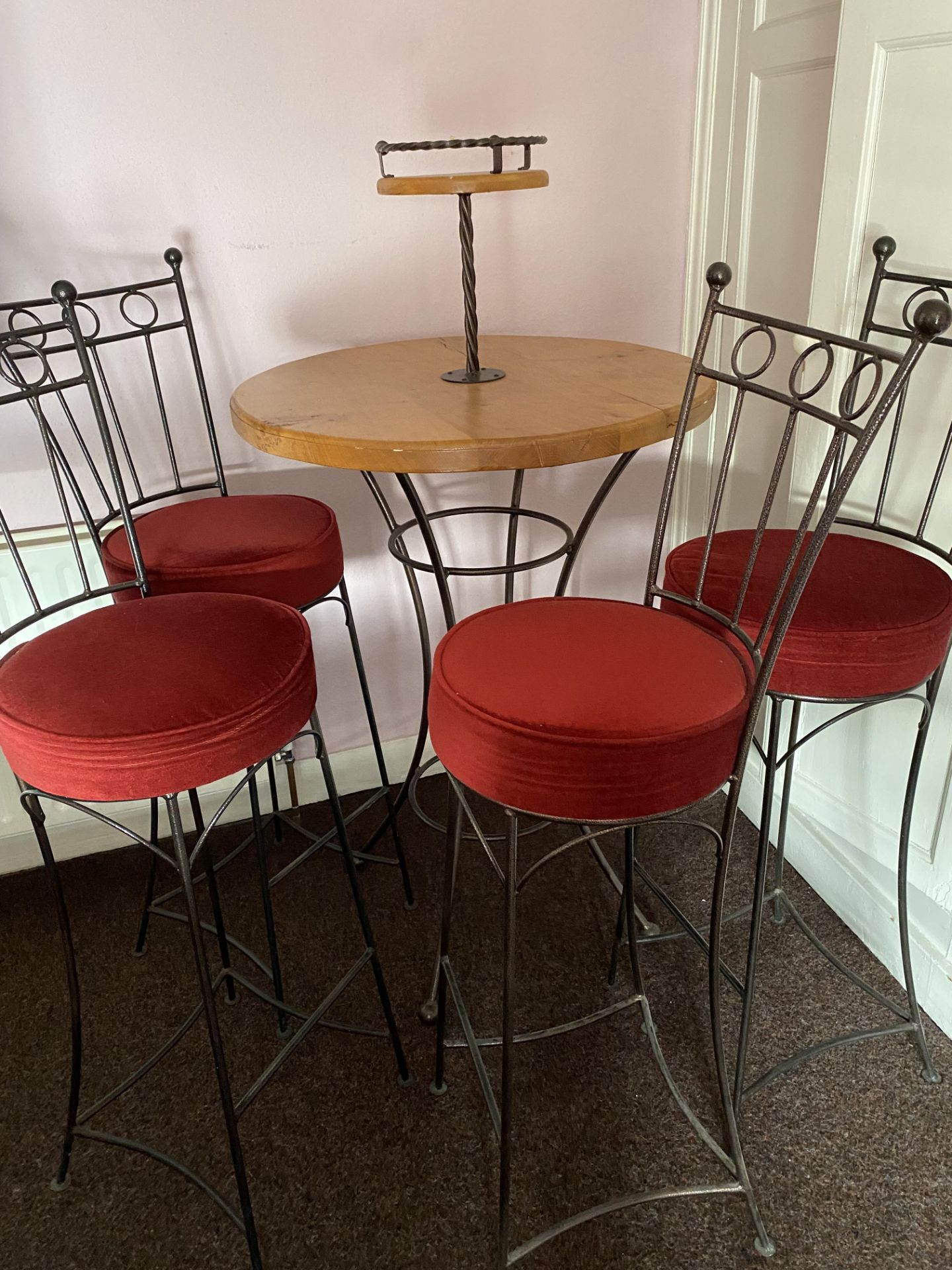 Wrought Iron Framed 2 Tier Bar Table (75cm Diameter, table height 107cm) with 4 chairs.