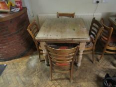 Square Pine Farmhouse Table 85 x 85cm with protective glass cover and 4 ladderback chairs.