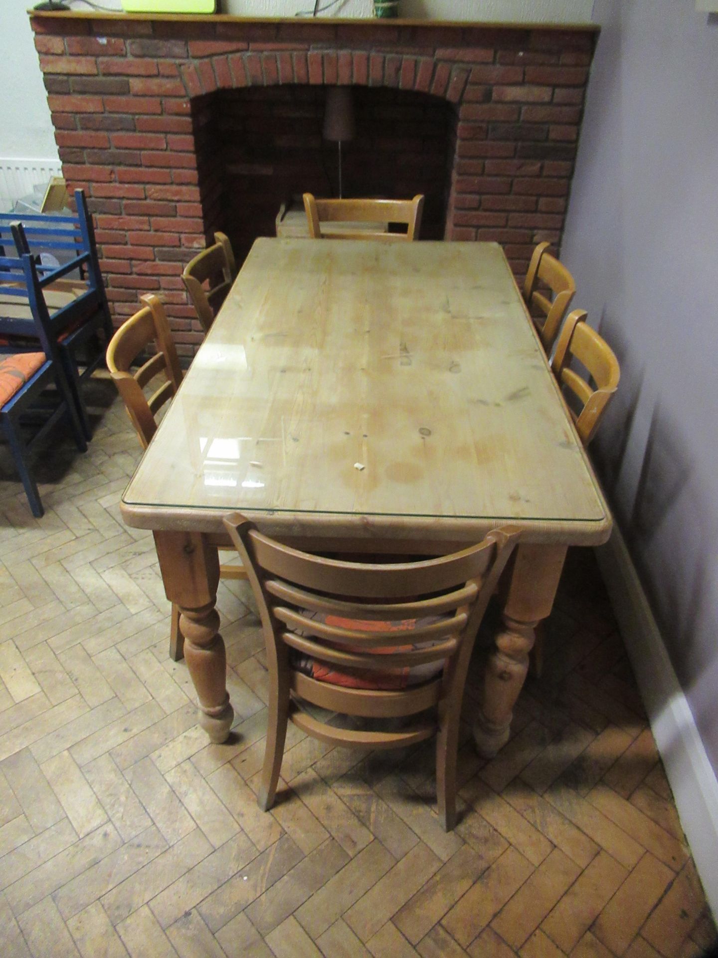 Rectangular Pine Farmhouse Table 150 x 85cm with protective glass cover and 6 ladderback chairs. - Image 3 of 3
