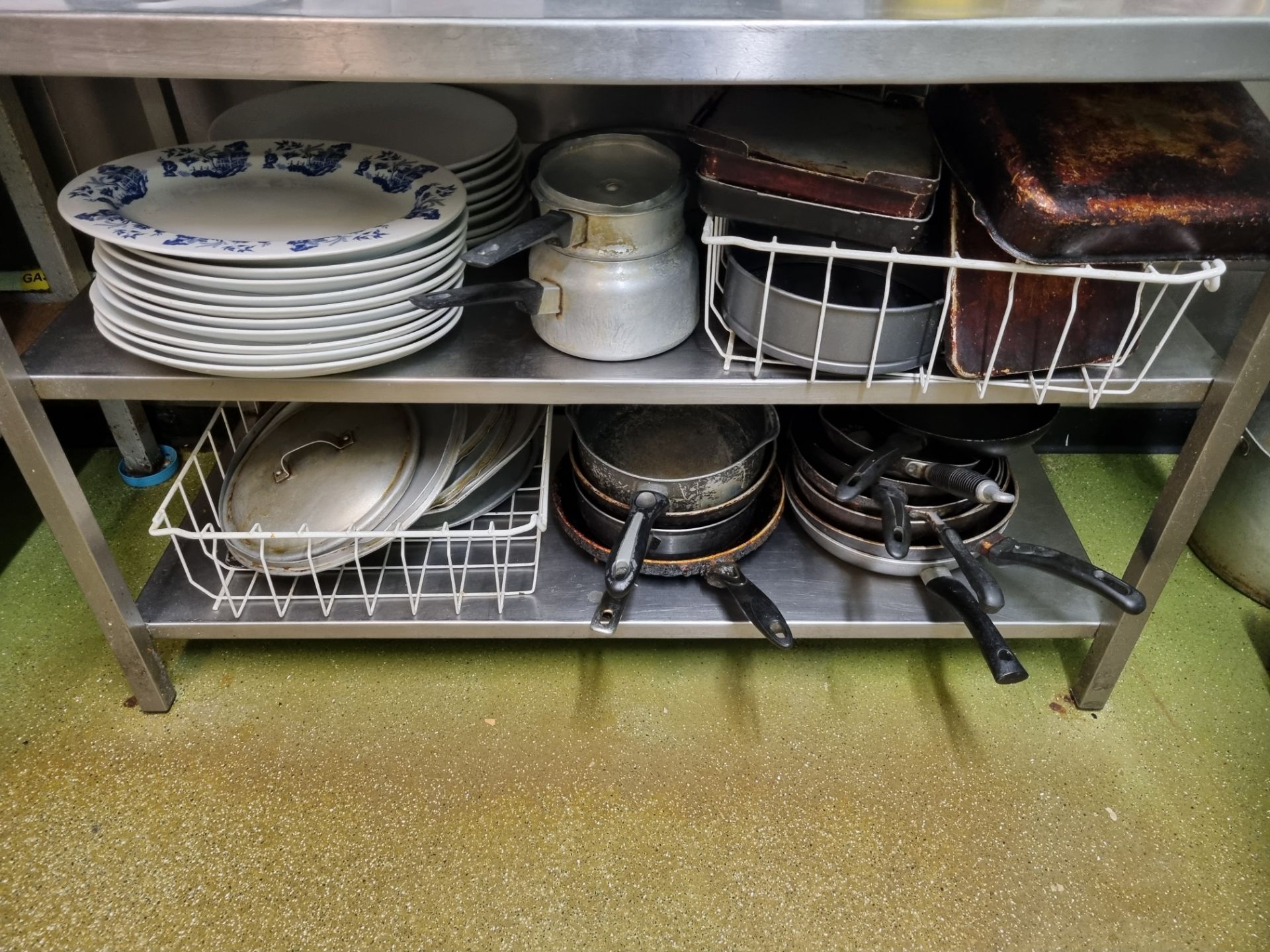 Qty of Commercial Cooking Pots, Plates etc. Contained within 3 Shelves