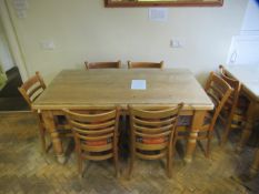 Rectangular Pine Farmhouse Table 150 x 85cm with protective glass cover and 6 ladderback chairs.