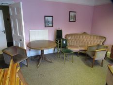 2x Circular Tables, 7 Tub Chairs, 2x Dining Tables, Standard Lamp and Settee.