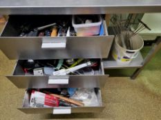 Qty of Commercial Kitchen Utensils Contained within 3 Drawers & 1x Tub