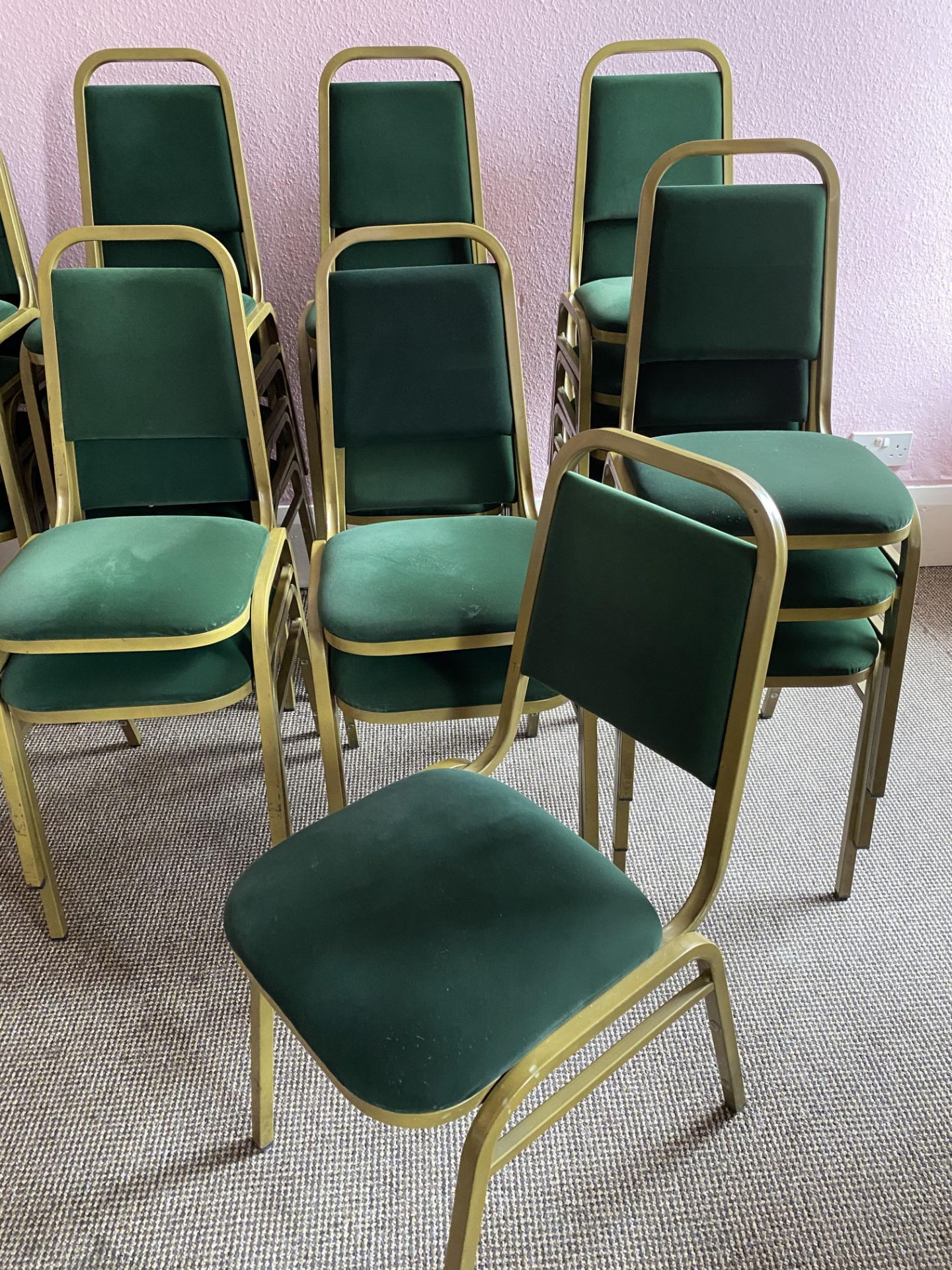 20x Gold Framed Green Upholstered Banqueting Chairs