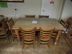 Rectangular Pine Farmhouse Table 150 x 85cm with protective glass cover and 6 ladderback chairs.