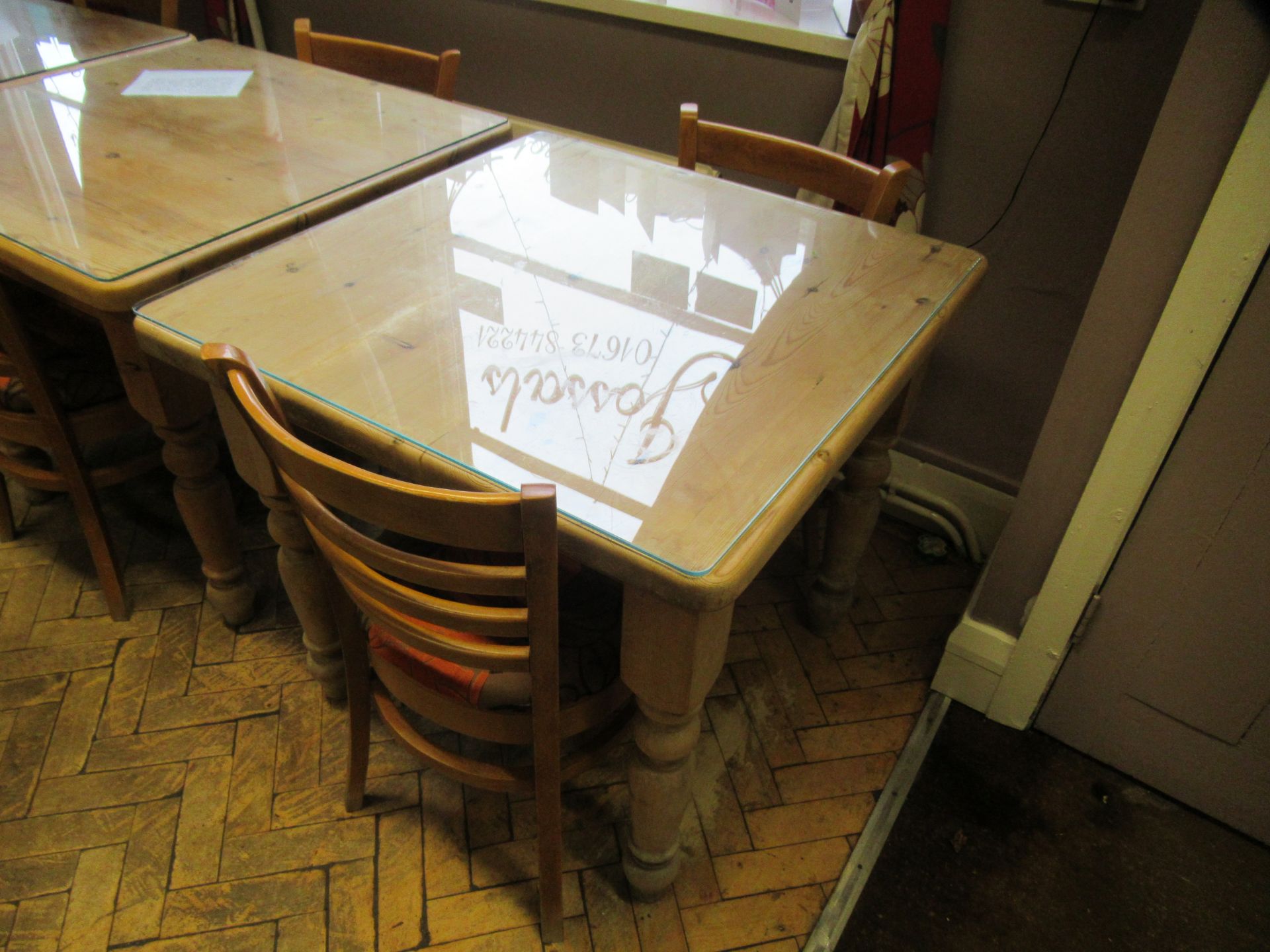 Square Pine Farmhouse Table 85 x 85cm with protective glass cover and 2 ladderback chairs. - Image 2 of 2