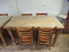 Rectangular Pine Farmhouse Table 150 x 85cm with protective glass cover and 4 ladderback chairs.