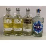 4 x Bottles of Vodka: 1 x Absolut Vanilla 70cl 38%; 2 x Absolut Citron 70cl 40%; 1 x Sphere No.1 Cla