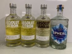 4 x Bottles of Vodka: 1 x Absolut Vanilla 70cl 38%; 2 x Absolut Citron 70cl 40%; 1 x Sphere No.1 Cla