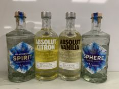 4 x Bottles of Vodka: 1 x Absolut Vanilla 70cl 38%; 1 x Absolut Citron 70cl 40%; 1 x Spirit No.1 Cla