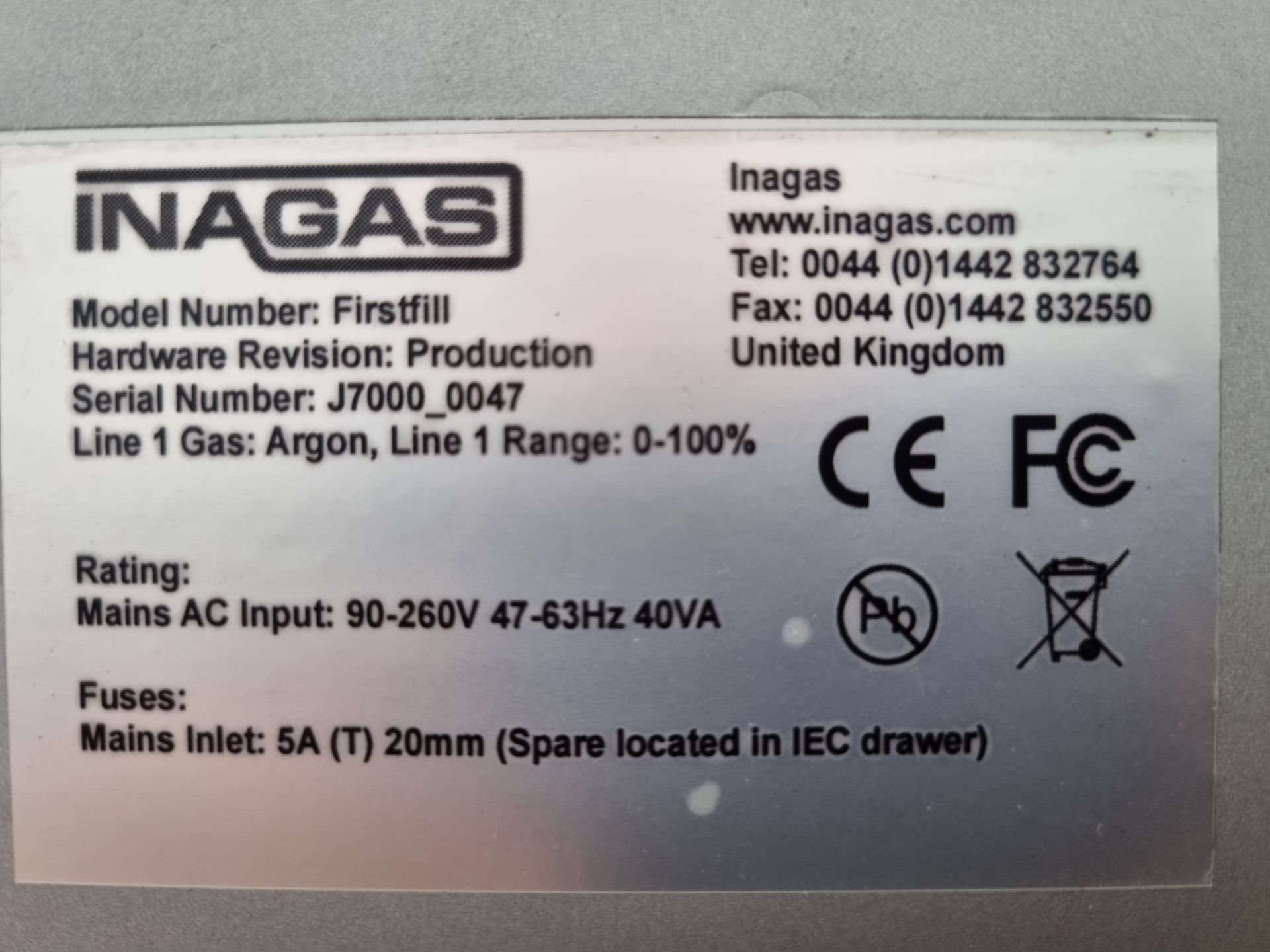 Inagas Firstfill Argon Filling Machine - Image 6 of 6
