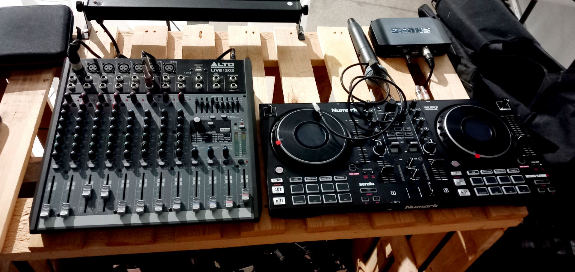 DJ System:- Numark four deck DJ Controller.Alto live 1202 mixing desk, 2 x Auto TS218S speakers, 2 x