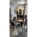 Double Sided Salon Station, comprising mirror with integrated shelf, footrest, with 2 x salon swivel