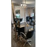 Double Sided Salon Station, comprising mirror with integrated shelf, footrest, with 2 x salon swivel