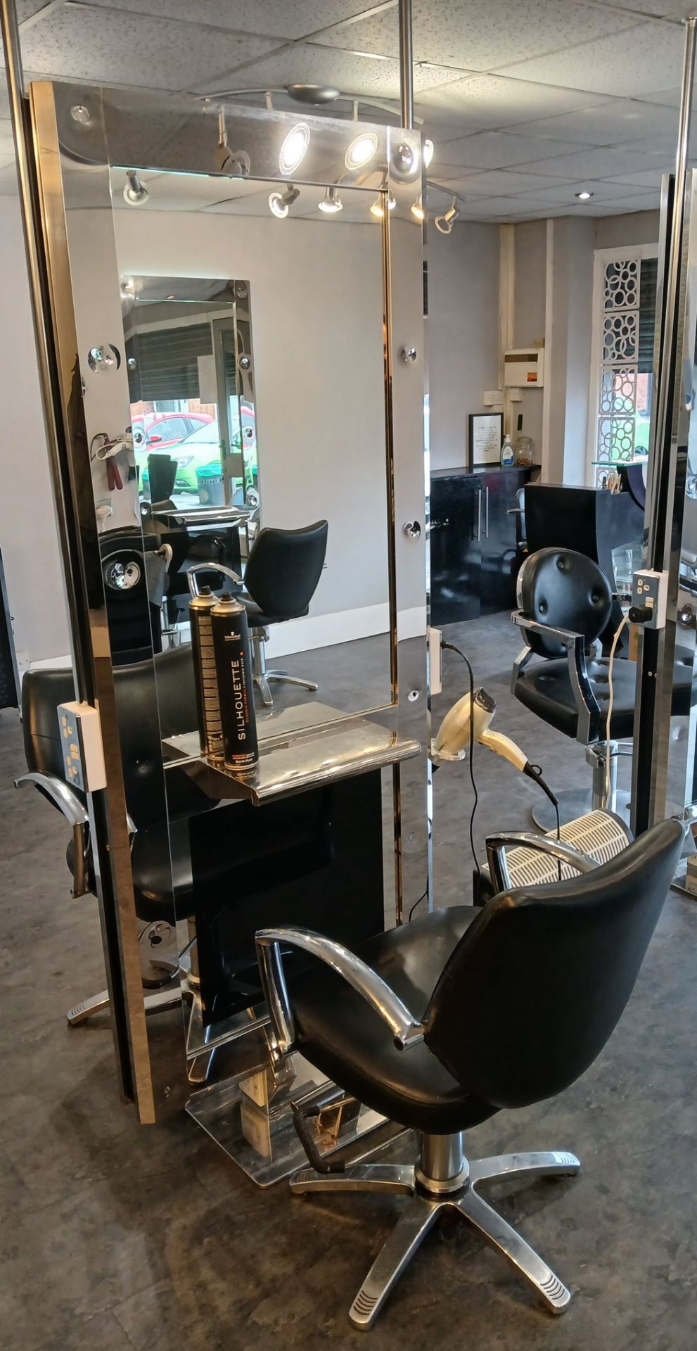 Double Sided Salon Station, comprising mirror with integrated shelf, footrest, with 2 x salon swivel