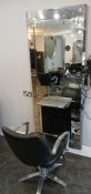 Wall Mounted Salon station, comprising mirror with integrated shelf, footrest, and salon swivel