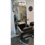 Wall Mounted Salon station, comprising mirror with integrated shelf (and LED backlighting),