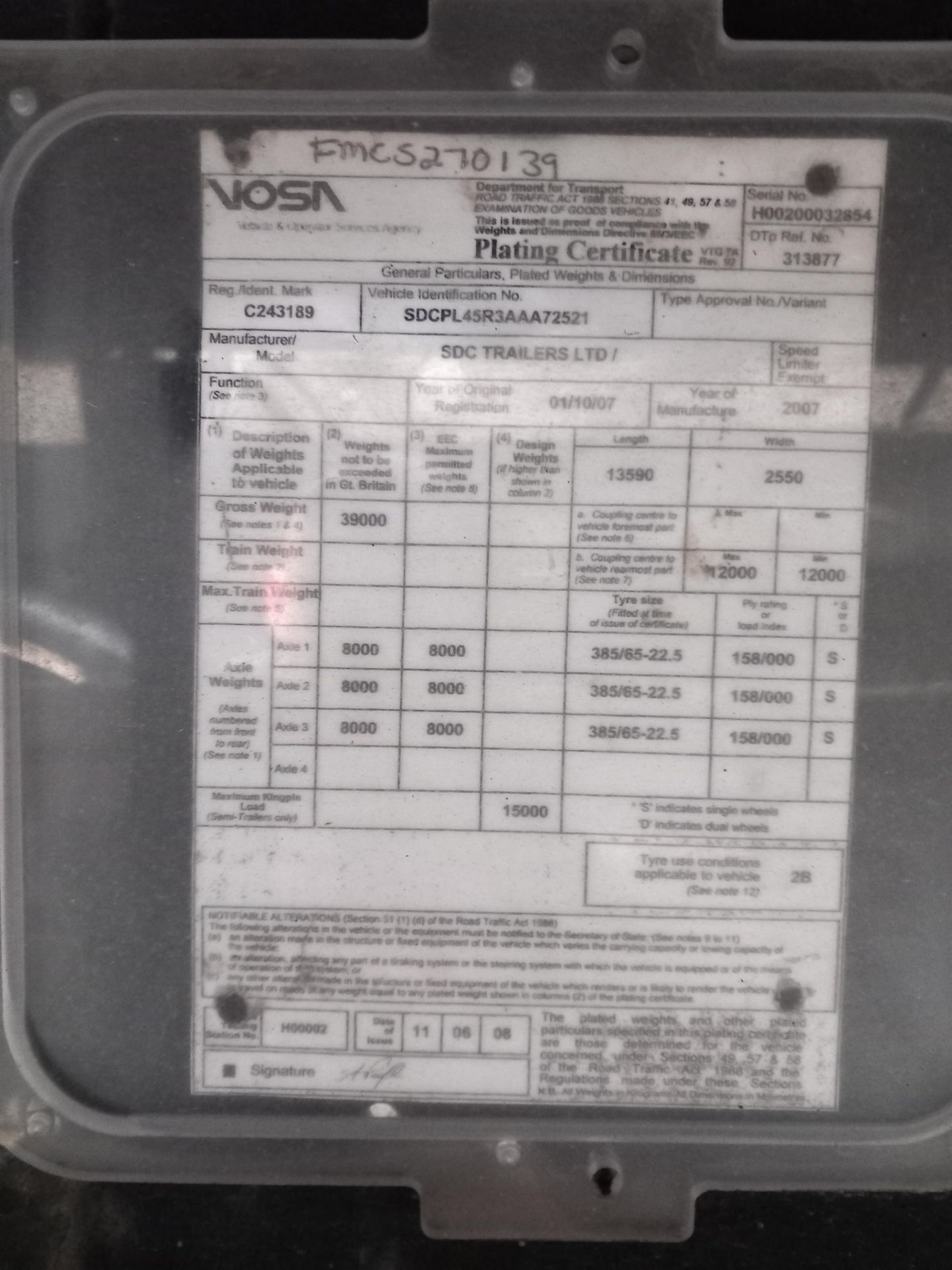 SDC Triaxle curtain Trailer (2007) C243189 MOT April 2024 - Image 6 of 6