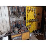 Large quantity of multiple sized D rings ratchets, straps to include steel chest and 64 hook wall