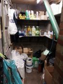 Contents of storage cupboard to include cleaning equipment, and pantry supplies