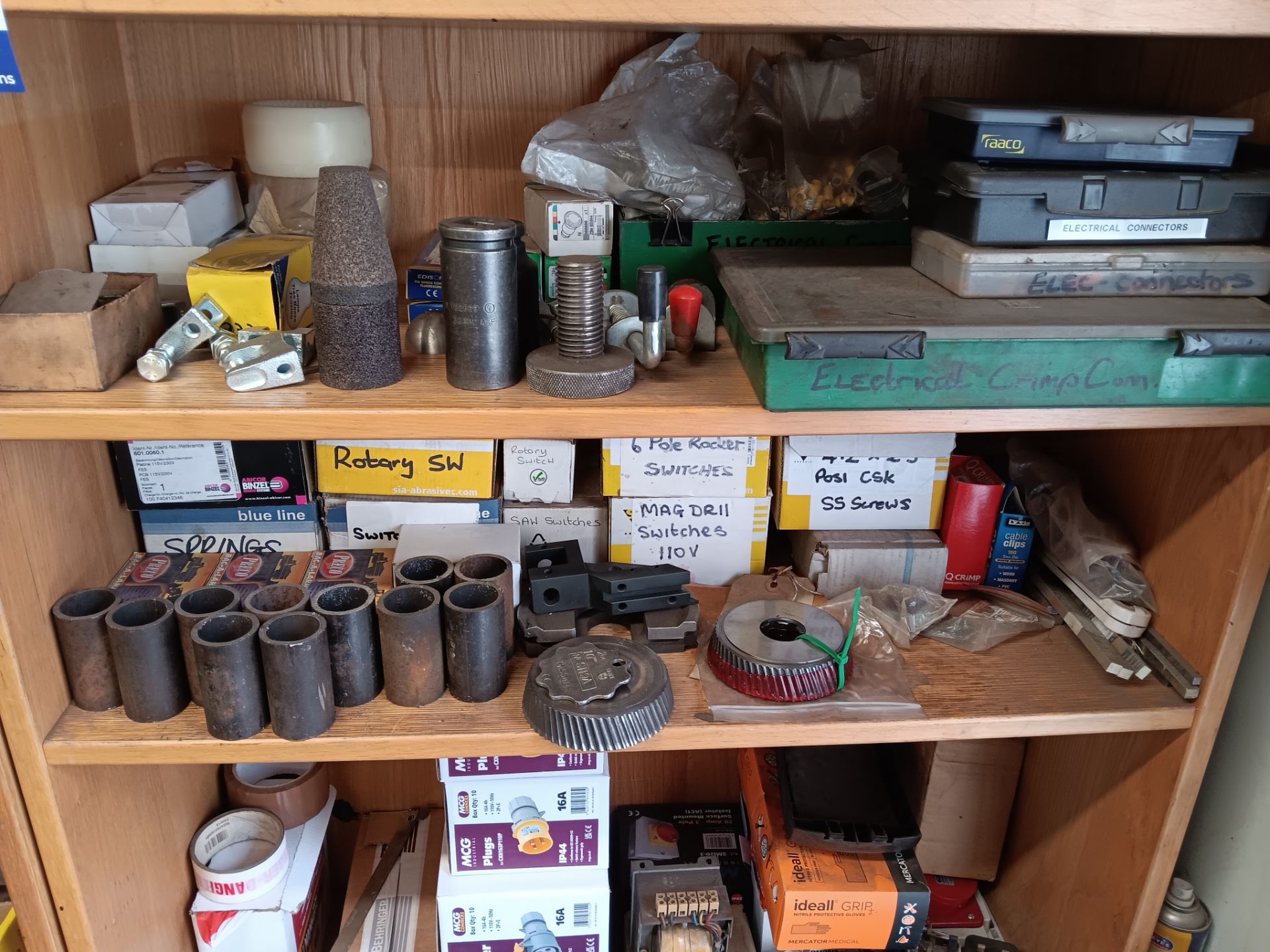 Contents of book shelf to include filters, connectors, tooling, screws, cable, couplers, switches - Image 4 of 5