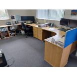 Oak effect cantilever desks to include 2 x curved desks, 2 x three drawer pedestals and 2 x