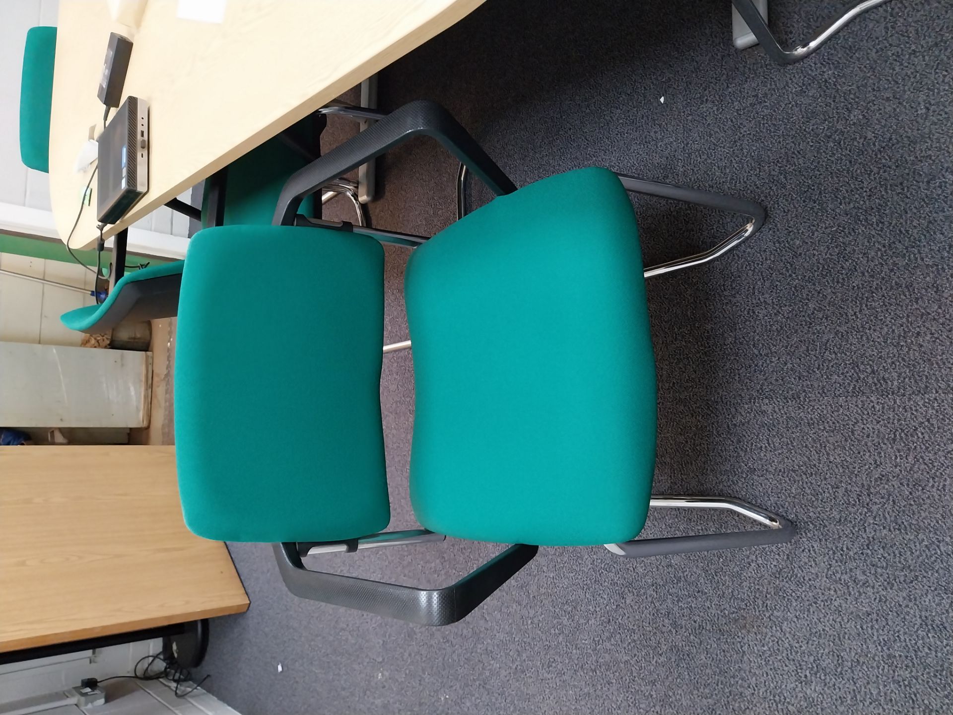 2 Part boardroom table with 12 upholstered and chrome legged chairs and bookshelf 2600mm x 2000mm - Image 2 of 4