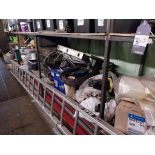Large quantity of cable, parts, spares, tyres, welding torches to two shelves