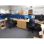 5 x oak effect cantilever desks with 5 x pedestals, 4 x privacy screens, 4 chairs