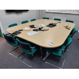 2 Part boardroom table with 12 upholstered and chrome legged chairs and bookshelf 2600mm x 2000mm