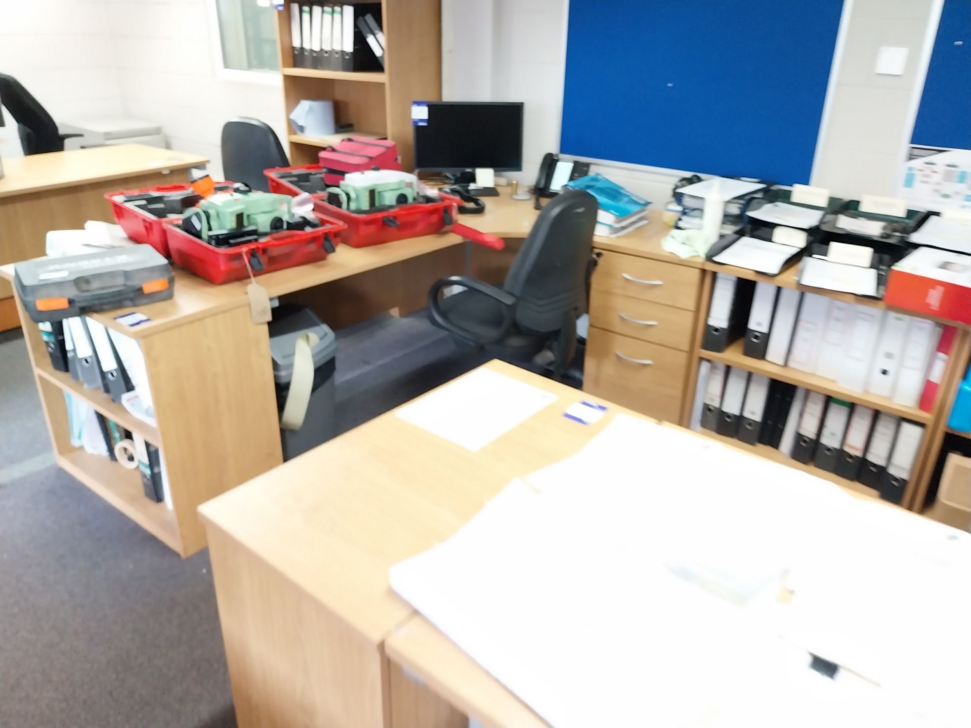 3 x Cantilever oak effect desks with 4 x pedestals, 1 x bookshelf, 2 x low file store, semi circular - Image 3 of 4