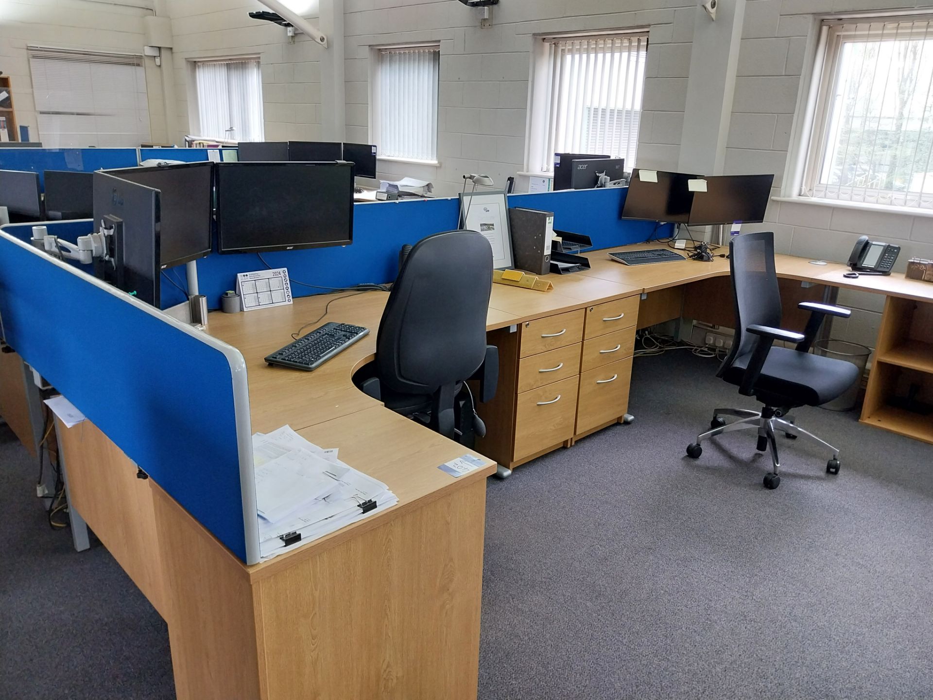 4 x oak effect cantilever desks with 4 x pedestals, 4 x privacy screens, 3 chairs