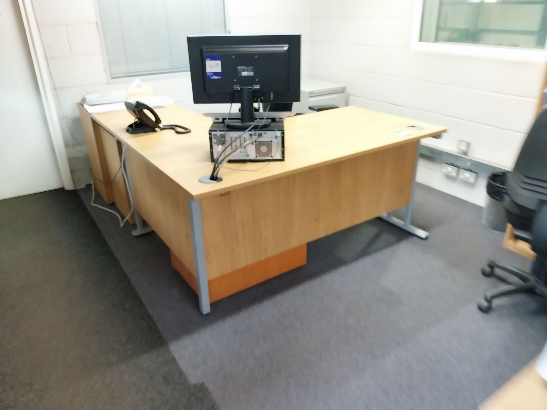 3 x Cantilever oak effect desks with 4 x pedestals, 1 x bookshelf, 2 x low file store, semi circular - Image 4 of 4