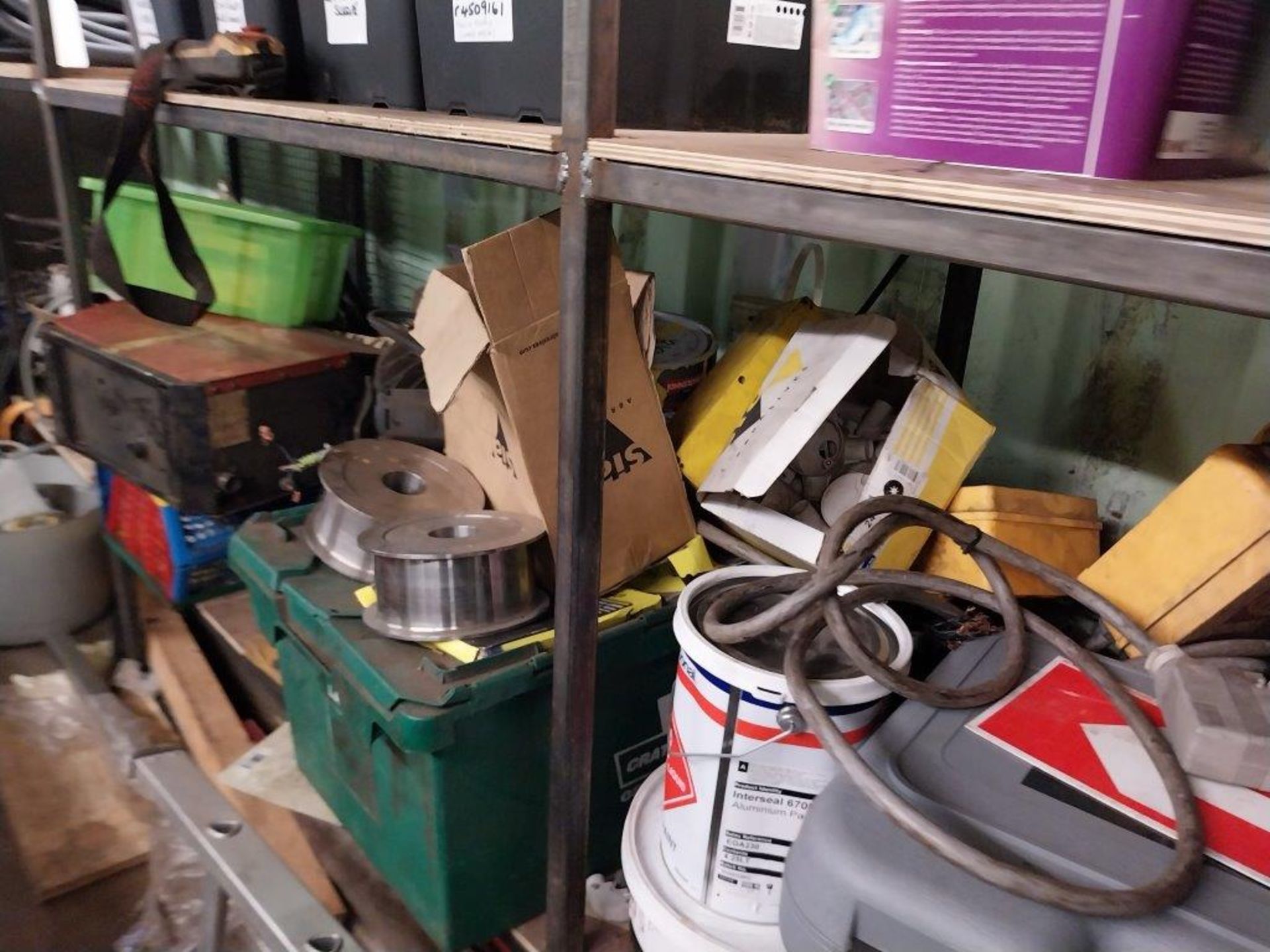 Large quantity of cable, parts, spares, tyres, welding torches to two shelves - Image 5 of 7