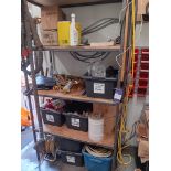 4 tier shelving unit and contents to include 415v plugs, sockets, 110v sockets, welding torches,