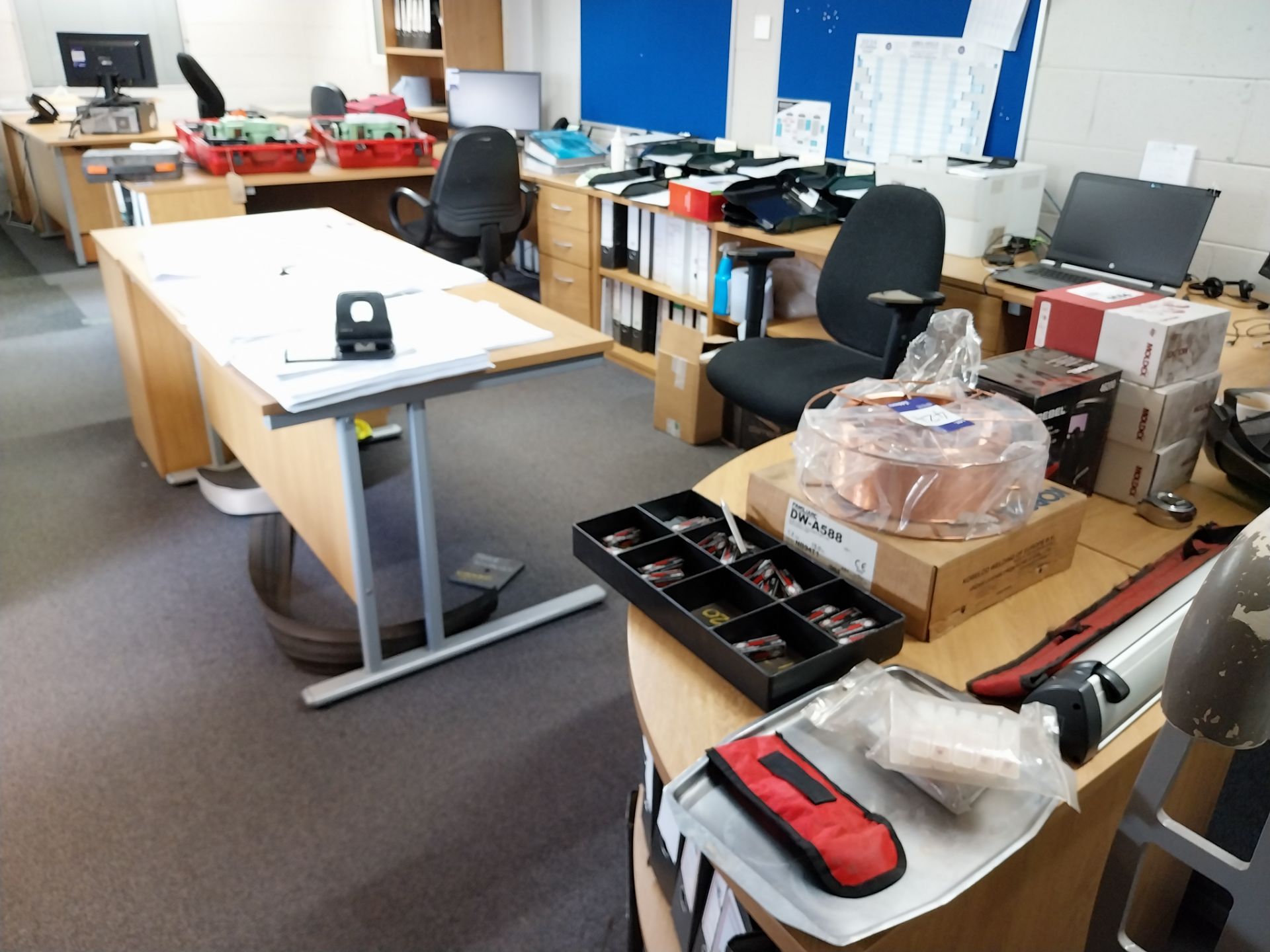 3 x Cantilever oak effect desks with 4 x pedestals, 1 x bookshelf, 2 x low file store, semi circular