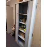 Bisley tambour fronted cabinet and contents