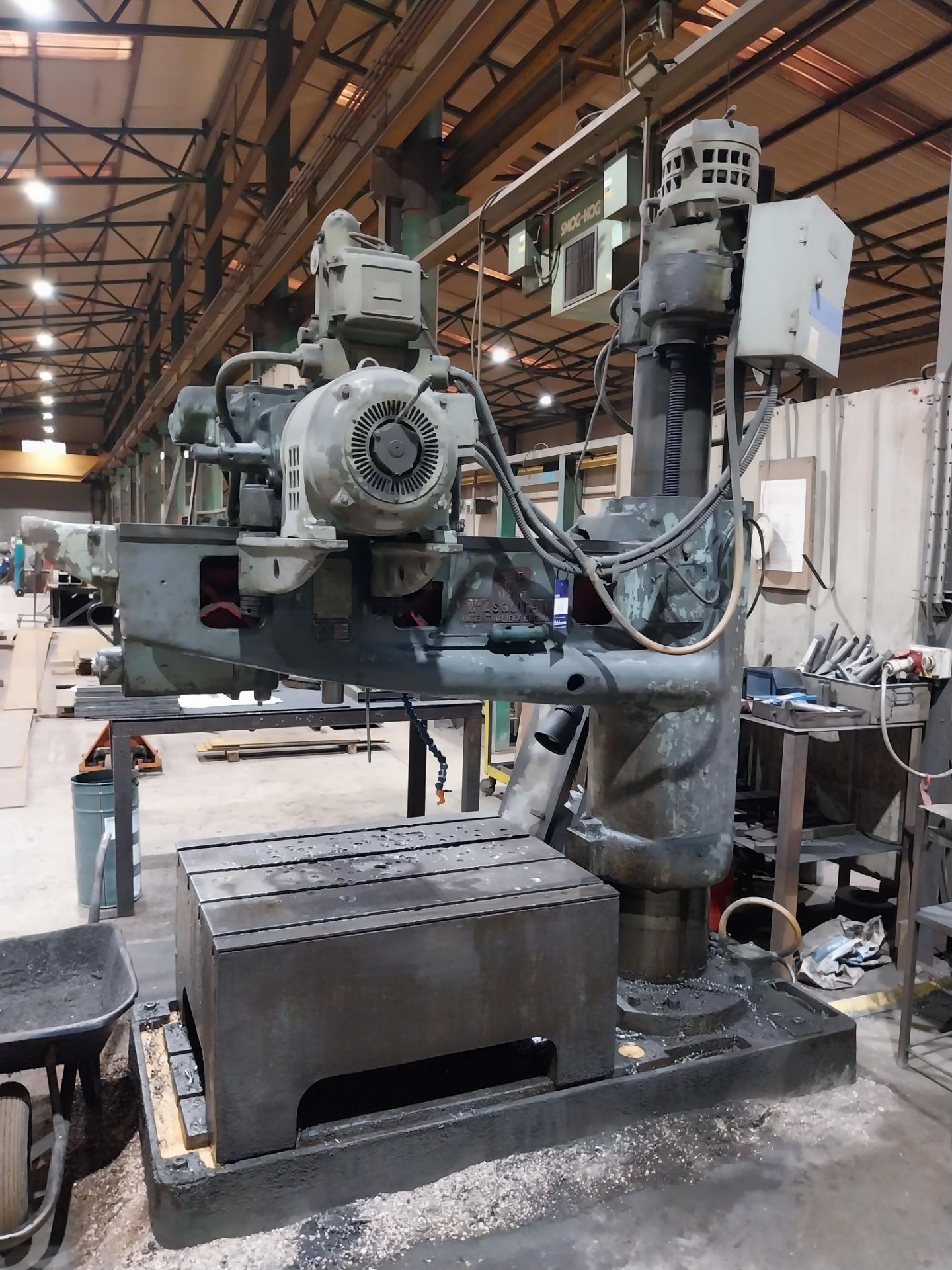Asquith 21811 radial arm drill with steel block, Serial number 001. 8938, assembly no. FS1548,