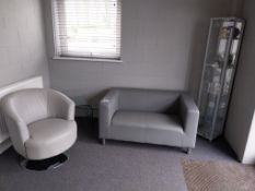 Reception furniture to include grey leather 2 seater sofa, swivel chair, glass cabinet, glass