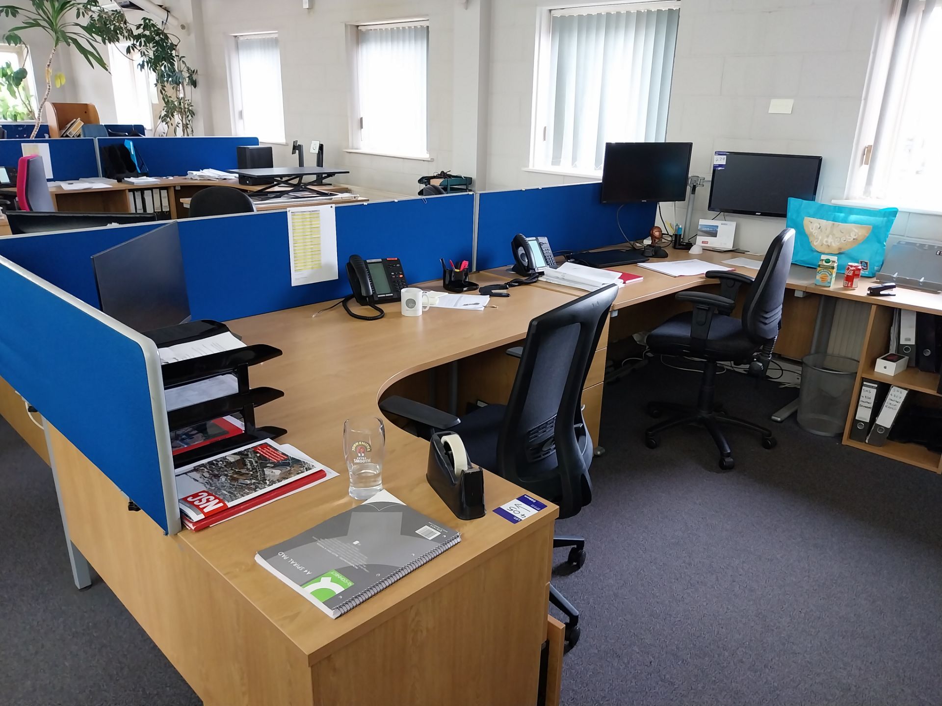 4 x oak effect cantilever desks with 4 x pedestals, 4 x privacy screens, 4 chairs